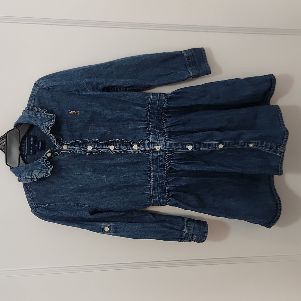 Ralph Lauren Girls' Dark Denim Ruffled Button-Front Dress